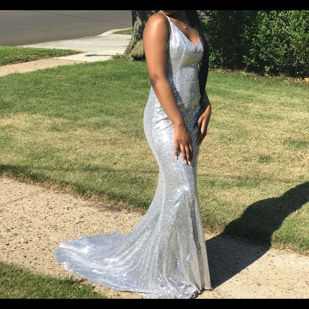 Silver Sequin Dress w/ Train & Criss Cross straps